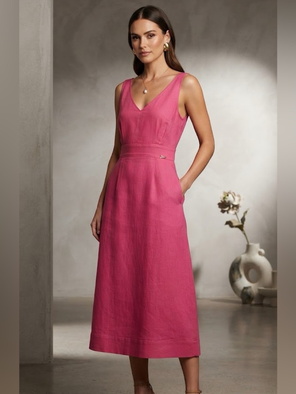 Joiie Linen Dress -Women’s V-Neck- Corsl Pink w/ Side Zip + Pockets MSRP $400